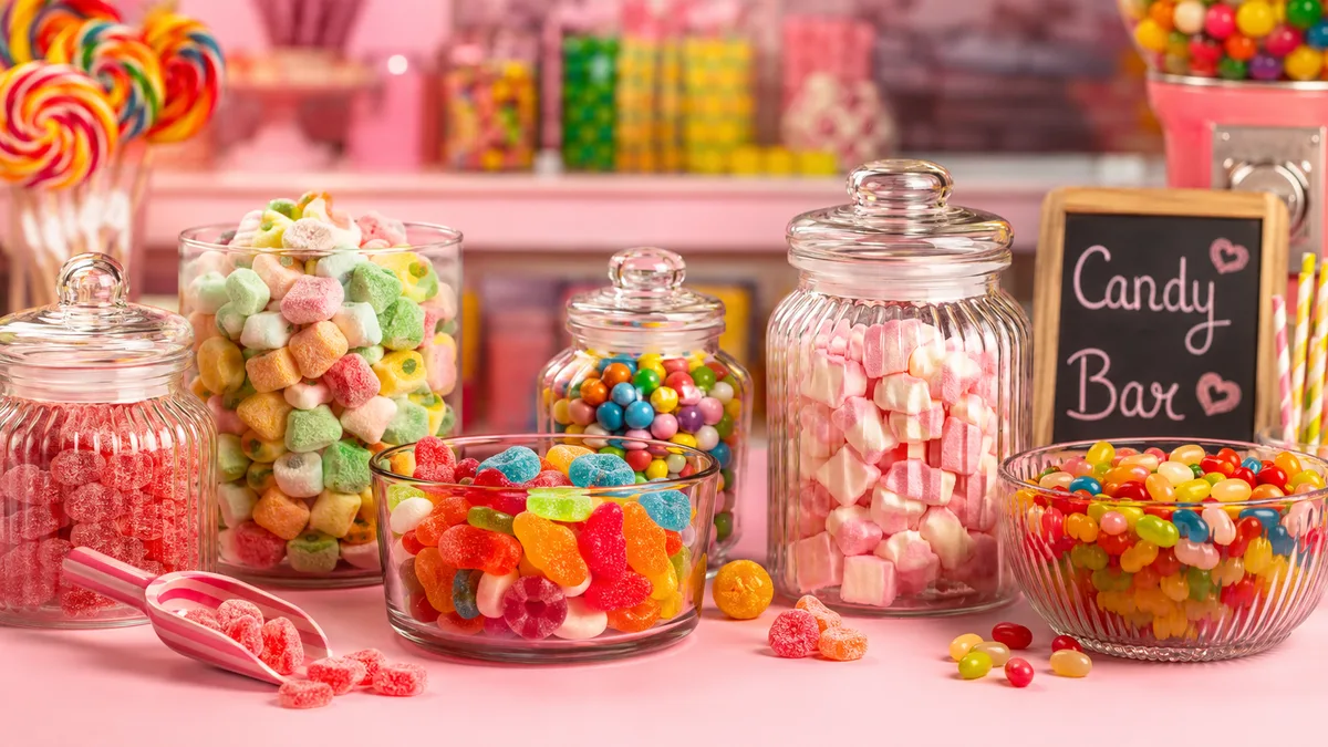 bonbonnières disposées sur une table de candy bar avec confiseries et décorations