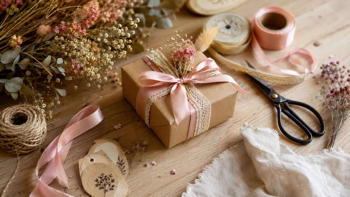 bonbonnière décorée avec rubans fleurs séchées et étiquette personnalisée