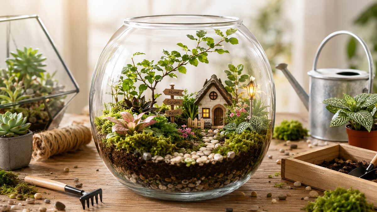bonbonnière en verre réutilisée en terrarium avec plantes grasses