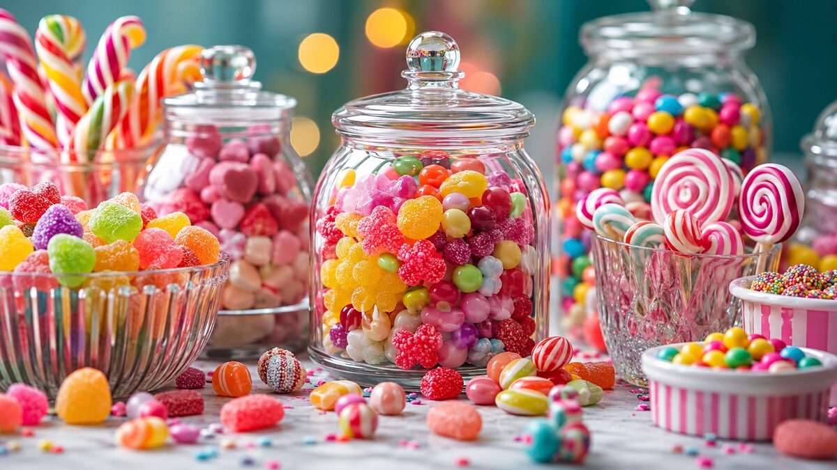 bonbonnières garnies de dragées et bonbons colorés pour candy bar